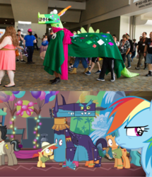 Size: 1083x1262 | Tagged: safe, screencap, ahuizotl, crackle, doctor caballeron, rainbow dash, dragon, human, bronycon, bronycon 2016, dragon quest, g4, stranger than fan fiction, clothes, comparison, convention, cosplay, costume, crackle costume, irl, irl human, photo, two-person costume