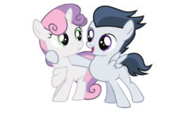 Size: 870x562 | Tagged: safe, artist:lunaticdawn, rumble, sweetie belle, g4, colt, duo, duo male and female, female, filly, foal, hoof around neck, looking at each other, looking at someone, male, open mouth, simple background, transparent background