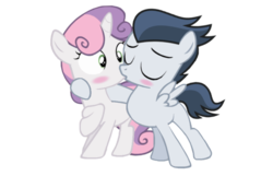 Size: 870x562 | Tagged: safe, artist:lunaticdawn, rumble, sweetie belle, pegasus, pony, unicorn, g4, blushing, colt, duo, eyes closed, female, filly, foal, kiss on the lips, kissing, male, ship:rumbelle, shipping, simple background, straight, transparent background