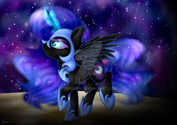 Size: 1024x722 | Tagged: safe, artist:demim0n, nightmare moon, g4, female, magic, solo, stars, watermark