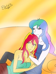 Size: 768x1024 | Tagged: safe, artist:brickercupmasterx3, princess celestia, principal celestia, sunset shimmer, equestria girls, g4, comforting, couch, crying, forgiveness, misleading thumbnail, momlestia, principal momlestia