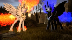 Size: 3840x2160 | Tagged: safe, artist:forsakenknightmare, artist:gen-ma, nightmare moon, nightmare star, alicorn, pony, g4, 3d, collaboration, grin, high res, looking at you, mane of fire, smiling, source filmmaker, spread wings, tail of fire, wallpaper, xk-class end-of-the-world scenario