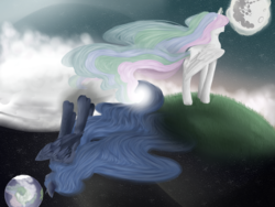 Size: 1024x768 | Tagged: safe, artist:mlpartistry, princess celestia, princess luna, g4, mare in the moon, moon, planet, royal sisters, yin-yang