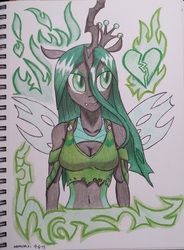 Size: 1161x1577 | Tagged: safe, artist:emichaca, queen chrysalis, changeling, changeling queen, anthro, g4, breasts, cleavage, clothes, crown, female, fire, green fire, grin, heart, jewelry, midriff, regalia, smiling, solo, tank top, traditional art