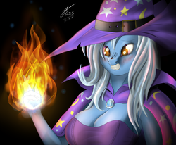 Size: 1500x1237 | Tagged: safe, artist:kasaler, trixie, spider, anthro, g4, breasts, cleavage, female, fire, solo