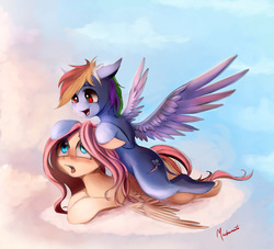 Size: 1100x1000 | Tagged: safe, artist:miokomata, fluttershy, rainbow dash, pegasus, pony, g4, cloud, female, lesbian, mare, open mouth, ship:flutterdash, shipping, signature, sky, tongue out
