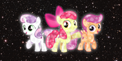Size: 1366x685 | Tagged: safe, artist:mlpsonic156, apple bloom, scootaloo, sweetie belle, crystal pony, pony, g4, crystallized, cutie mark, cutie mark crusaders, female, filly, open mouth, raised leg, smiling, the cmc's cutie marks, wallpaper