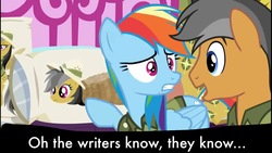 Size: 1334x750 | Tagged: safe, edit, edited screencap, screencap, daring do, quibble pants, rainbow dash, earth pony, pegasus, pony, g4, stranger than fan fiction, body pillow, caption, daring daki, female, frown, gritted teeth, image macro, male, mare, meme, open mouth, pointing, rope, smiling, stallion, they know, tied up, wide eyes