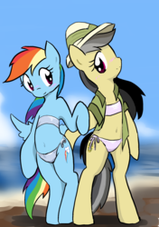 Size: 1280x1819 | Tagged: safe, artist:seidouryu, daring do, rainbow dash, pony, semi-anthro, g4, bandeau, belly button, bikini, bipedal, blushing, clothes, duo, duo female, female, lesbian, mare, ship:daringdash, shipping, side-tie bikini, swimsuit