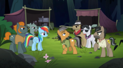 Size: 1843x1014 | Tagged: safe, screencap, biff, doctor caballeron, pickpocket, quibble pants, rainbow dash, rogue (g4), withers, earth pony, pegasus, pony, g4, stranger than fan fiction, female, henchmen, male, mare, stallion, the shadow