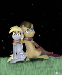 Size: 1600x1950 | Tagged: safe, artist:steampunksalutation, derpy hooves, doctor whooves, time turner, pegasus, pony, g4, blushing, clothes, cute, duo, female, fourth doctor's scarf, male, mare, night, scarf, shared clothing, shared scarf, ship:doctorderpy, shipping, stars, straight, striped scarf