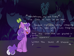 Size: 1024x768 | Tagged: safe, artist:optimusprimetfr, artist:orig15, screwball, g4, everfree forest, female, hat, hello darkness my old friend, lyrics, propeller hat, simon and garfunkel, singing, solo, song reference, swirly eyes, text, the sound of silence, trolls