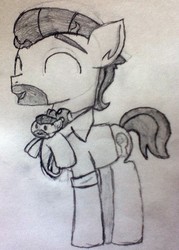 Size: 651x910 | Tagged: safe, artist:thefanficfanpony, doctor caballeron, earth pony, pony, g4, cute, cutealleron, eyes closed, male, plushie, smiling, solo, stallion, standing, traditional art