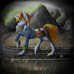 Size: 1920x1920 | Tagged: safe, artist:stirren, oc, oc only, oc:littlepip, pony, unicorn, fallout equestria, clothes, colored hooves, crossover, fallout, fanfic, fanfic art, female, giant littlepip, giant pony, hooves, horn, jumpsuit, macro, mare, pipbuck, profile, road, saddle bag, solo, unshorn fetlocks, vault suit, walking, wasteland