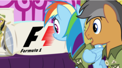 Size: 1280x720 | Tagged: safe, edit, edited screencap, screencap, daring do, quibble pants, rainbow dash, earth pony, pegasus, pony, g4, stranger than fan fiction, body pillow meme, f1, female, formula 1, male, mare, stallion