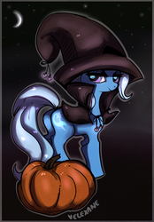 Size: 900x1294 | Tagged: safe, artist:velexane, trixie, pony, unicorn, g4, butt, female, food, hat, mare, moon, night, plot, pumpkin, solo, witch, witch hat