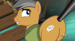 Size: 2000x1115 | Tagged: source needed, safe, edit, edited screencap, screencap, daring do, quibble pants, earth pony, pony, g4, stranger than fan fiction, butt, discovery family logo, female, male, misspelling, plot, quibble butts, ship:daringpants, shipping, spongebob squarepants, stallion, straight