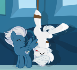 Size: 5261x4800 | Tagged: safe, artist:finalshard, double diamond, night glider, earth pony, pegasus, pony, g4, absurd resolution, arm behind back, bondage, cute, eyes closed, female, femdom, hanging, male, rope, rope bondage, ship:nightdiamond, shipping, straight, suspended, tickling, upside down