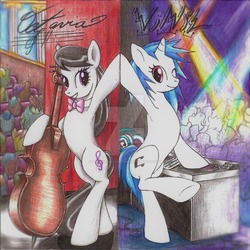 Size: 1024x1026 | Tagged: safe, artist:annemarie-josephine, dj pon-3, octavia melody, vinyl scratch, g4, cello, duo, musical instrument, one eye closed, signature, sketch, stage, traditional art, turntable