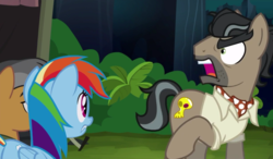 Size: 1841x1078 | Tagged: safe, screencap, doctor caballeron, quibble pants, rainbow dash, earth pony, pegasus, pony, g4, stranger than fan fiction, female, male, mare, open mouth, stallion, trio