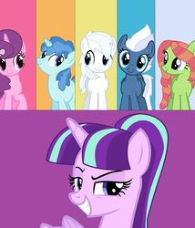 Size: 1364x1590 | Tagged: safe, artist:alexeigribanov, double diamond, night glider, party favor, starlight glimmer, sugar belle, tree hugger, alicorn, pony, g4, alicornified, alternate mane six, alternate universe, cute, double dawwmond, dreamworks face, equal four, grin, lidded eyes, missing accessory, race swap, s5 starlight, smiling, smirk, starlicorn, this will end in communism