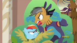 Size: 1364x766 | Tagged: safe, screencap, quibble pants, rainbow dash, pony, g4, stranger than fan fiction, discovery family logo, female, male