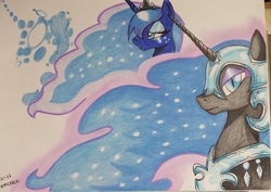 Size: 1627x1155 | Tagged: safe, artist:emichaca, nightmare moon, princess luna, g4, duality, mare in the moon, traditional art