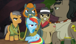 Size: 1833x1080 | Tagged: safe, screencap, biff, doctor caballeron, quibble pants, rainbow dash, rogue (g4), earth pony, pegasus, pony, g4, stranger than fan fiction, discovery family logo, female, henchmen, male, mare, rainbond dash, stallion, tied up