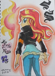 Size: 1161x1607 | Tagged: safe, artist:emichaca, sunset shimmer, equestria girls, g4, ass, bunset shimmer, butt, clothes, female, looking back, pants, solo, traditional art