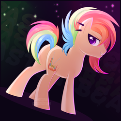 Size: 1024x1018 | Tagged: safe, artist:xnightmelody, oc, oc only, oc:pastel beat, earth pony, pony, butt, earth pony oc, grin, looking at you, looking back, plot, rainbow hair, rainbow tail, raised tail, smiling, solo, tail