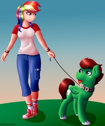 Size: 1500x1800 | Tagged: safe, artist:spirit-dude, rainbow dash, oc, oc:northern haste, human, pony, g4, clothes, collar, commission, converse, humanized, leash, northash, pet, pet play, pony pet, shoes, sneakers