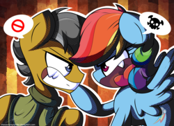 Size: 2200x1600 | Tagged: safe, artist:therandomjoyrider, quibble pants, rainbow dash, g4, stranger than fan fiction, argument, fangs, gritted teeth, spread wings