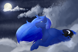 Size: 1024x683 | Tagged: safe, artist:endermage001, princess luna, g4, cloud, female, moon, night, prone, solo, unshorn fetlocks