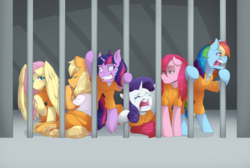 Size: 1280x858 | Tagged: safe, artist:mylittlesheepy, applejack, fluttershy, pinkie pie, rainbow dash, rarity, twilight sparkle, g4, jail, mane six, pinkamena diane pie