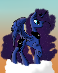 Size: 1200x1500 | Tagged: safe, artist:bronymirage, princess luna, g4, cloud, female, raised hoof, solo, spread wings