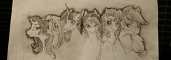 Size: 3759x1330 | Tagged: safe, artist:themoonraven, applejack, fluttershy, pinkie pie, rainbow dash, rarity, twilight sparkle, alicorn, pony, g4, bust, line-up, mane six, pencil drawing, traditional art, twilight sparkle (alicorn)