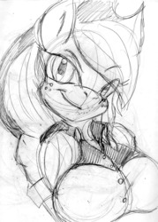Size: 744x1042 | Tagged: safe, artist:mhedgehog21, part of a set, applejack, earth pony, anthro, g4, clothes, equestria girls outfit, female, grayscale, monochrome, smirk, solo, traditional art
