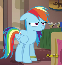 Size: 390x412 | Tagged: safe, screencap, rainbow dash, pony, g4, stranger than fan fiction, angry, discovery family logo, female, mare, solo