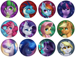 Size: 1024x765 | Tagged: safe, artist:silentwulv, applejack, derpy hooves, fluttershy, pinkie pie, princess celestia, princess ember, princess luna, rainbow dash, rarity, spike, starlight glimmer, twilight sparkle, alicorn, dragon, pony, g4, mane six, twilight sparkle (alicorn)