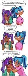 Size: 920x2465 | Tagged: safe, artist:stevetwisp, aria blaze, sonata dusk, human, g4, blushing, comic, dark skin, female, food, human coloration, humanized, lesbian, ship:arisona, shipping