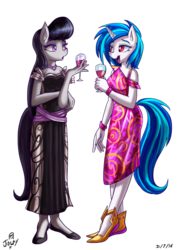 Size: 2480x3508 | Tagged: safe, artist:jowyb, dj pon-3, octavia melody, vinyl scratch, anthro, plantigrade anthro, g4, alcohol, clothes, dress, formal, formal dress, high res, open mouth, simple background, transparent background, wine, wine glass