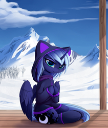 Size: 2400x2845 | Tagged: safe, artist:magnaluna, princess luna, alicorn, pony, g4, cat ears, clothes, cute, female, filly, foal, high res, hoodie, looking at you, snow, solo, sweet dreams fuel, woona