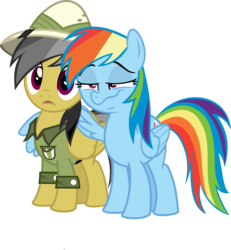 Size: 9489x10287 | Tagged: safe, artist:pink1ejack, daring do, rainbow dash, g4, stranger than fan fiction, absurd resolution, clothes, faic, hat, hug, inkscape, not creepy, open mouth, rainbow dash is best facemaker, simple background, smug, transparent background, vector, wat, winghug