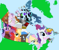 Size: 2000x1697 | Tagged: safe, artist:nudeness, applejack, aria blaze, chief thunderhooves, fluttershy, king sombra, pinkie pie, prince rutherford, princess cadance, princess celestia, rainbow dash, rarity, sheriff silverstar, snails, snips, twilight sparkle, yak, g4, alaska, alberta, british columbia, canada, greenland, iceland, improvement, lol, mane six, manitoba, map, new brunswick, newfoundland and labrador, northwest territories, nova scotia, nunavut, ontario, ponies as regions, prince edward island, quebec, redo, saskatchewan, united states, yukon