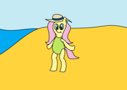 Size: 1562x1114 | Tagged: safe, artist:amateur-draw, fluttershy, pony, g4, 1000 hours in ms paint, beach, bipedal, clothes, hat, ms paint, ocean, one-piece swimsuit, sun hat, swimsuit