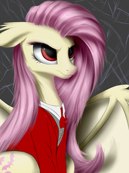 Size: 4320x5762 | Tagged: dead source, safe, artist:aurelleah, fluttershy, bat pony, pony, g4, absurd resolution, alushy, badass, clothes, female, flutterbadass, flutterbat, race swap, solo, wip