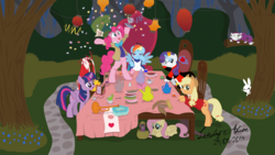 Size: 1920x1080 | Tagged: safe, artist:leirbagahcor, applejack, derpy hooves, fluttershy, pinkie pie, rainbow dash, rarity, twilight sparkle, alicorn, pony, g4, alice in wonderland, bipedal, blue, clothes, confetti, cosplay, costume, cute, dormouse, dress, evil grin, grin, lantern, mad hatter, magic, mane six, march hare, musical instrument, pinkie being pinkie, rainbow dash always dresses in style, smiling, smirk, spread wings, squishy cheeks, table, tea party, teapot, trumpet, twiabetes, twilight sparkle (alicorn), unamused, unbirthday party, wings