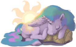 Size: 3601x2239 | Tagged: safe, artist:xiao668, princess celestia, alicorn, pony, g4, cutie mark background, eyes closed, female, folded wings, high res, lying down, mare, partial background, prone, simple background, sleeping, smiling, solo, transparent background, wings