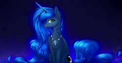 Size: 1600x831 | Tagged: safe, artist:alphaaquilae, princess luna, alicorn, pony, g4, female, folded wings, jewelry, missing accessory, necklace, profile, sitting, smiling, solo
