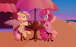 Size: 4000x2461 | Tagged: safe, artist:mdragonflame, fluttershy, pinkie pie, g4, beach, cake, dessert, duo, floppy ears, food, ice cream, sitting, table, twilight (astronomy), underhoof